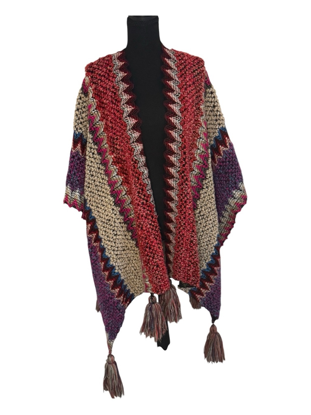 Multicolor Chunky Knit Tassel Poncho - Women's Cozy Layer
